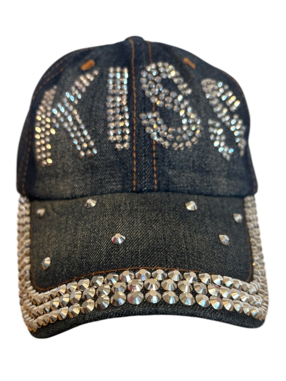 Denim Rhinestone KISS Baseball Cap Bedazzled Brim Peace Sign Bling Dark Wash Hat